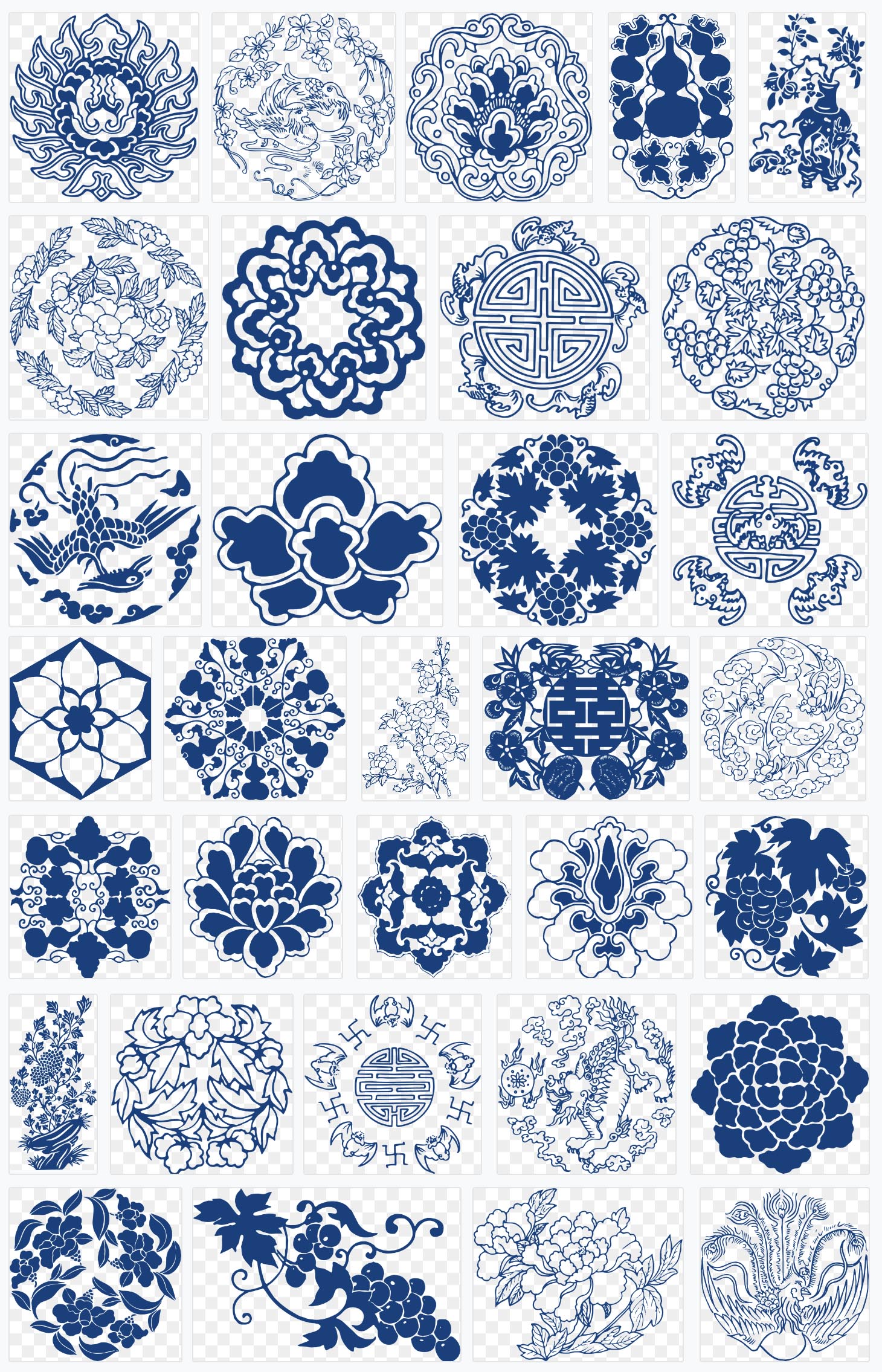 中式传统，青花瓷，花纹纹样，中国风，镂空剪纸AI矢量免扣PNG图案素材