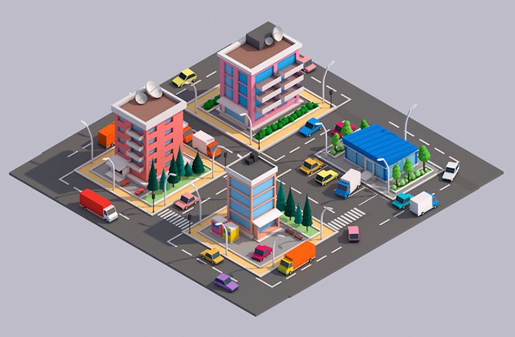 【C4D模型】创意卡通城市场景汽车楼房路灯模型C4D模型3D立体素材
