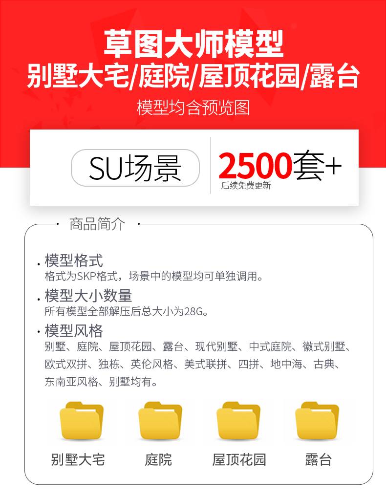 2500套草图大师园林模型SU别墅大宅庭院自建房Sketchup屋顶花园露台院子小品