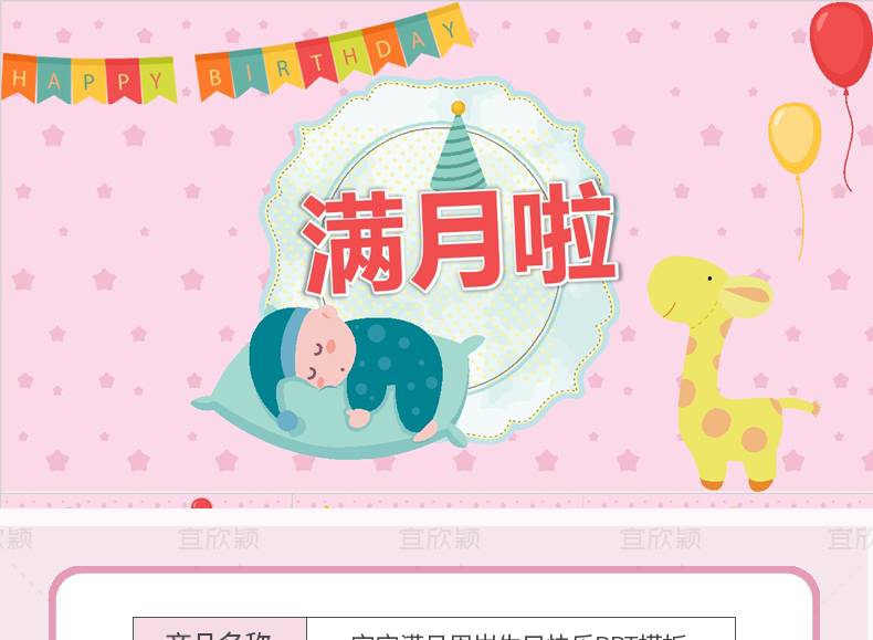 38款卡通婴儿满月周岁生日快乐PPT模板宝宝百日宴百天成长电子相册wps