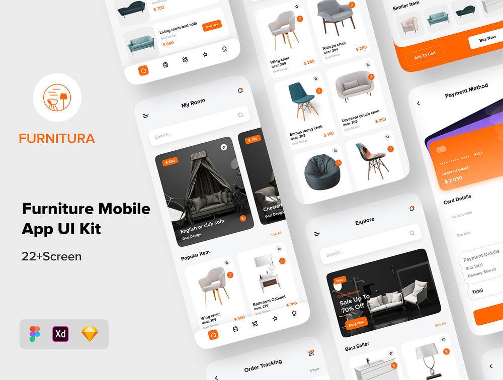 Furnitura  – 家具移动应用UI套件，Furnitura  – 家具移动应用UI套件