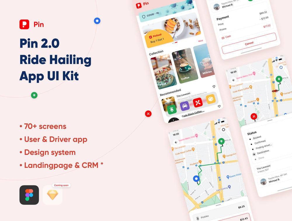 乘坐Haileing App  –  UI套件（70多个屏幕），PIN2.0  – 乘车HAILING应用程序