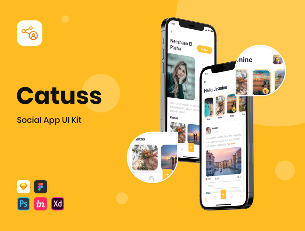 iPhone 12的50多个优质屏幕，Catuss  –  Social App UI套件