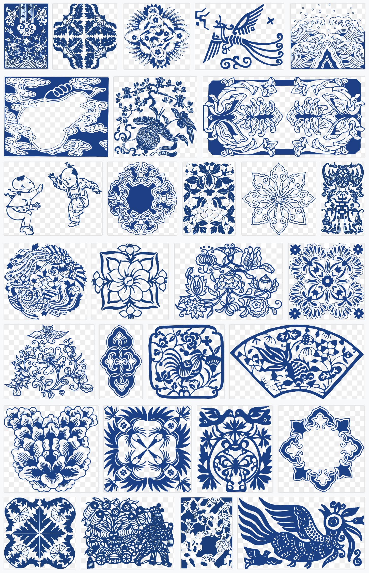 中式传统，青花瓷，花纹纹样，中国风，镂空剪纸AI矢量免扣PNG图案素材