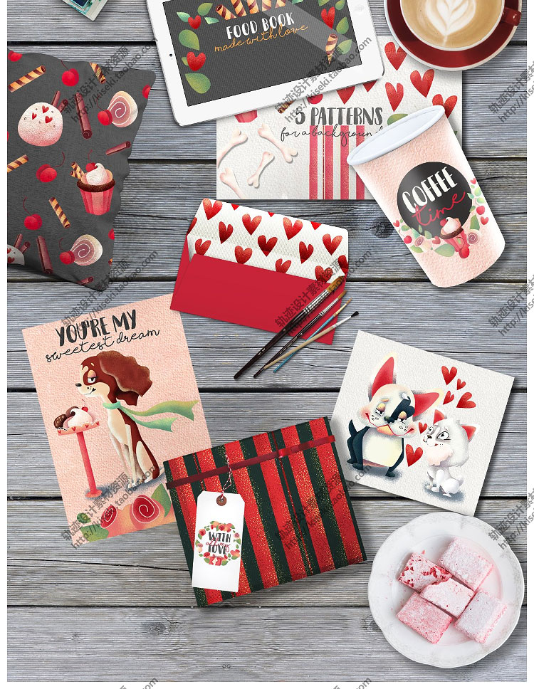 【情人节主题元素】小狗 情人节 爱心玫瑰礼物甜品图案 背景 素材包