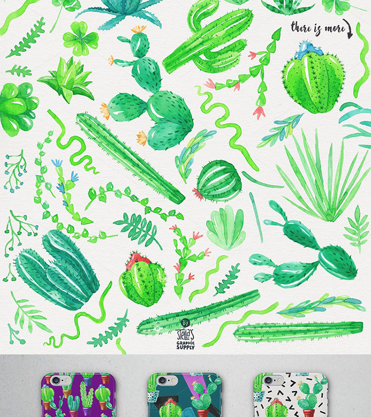 【绿色 肉植 】绿色肉植物无缝背景手机壳素材花盆小清新文艺手绘水彩 PNG免抠图