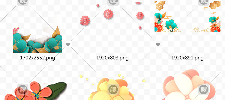 卡通中式立体植物花朵花卉剪纸透明背景设计装饰素材