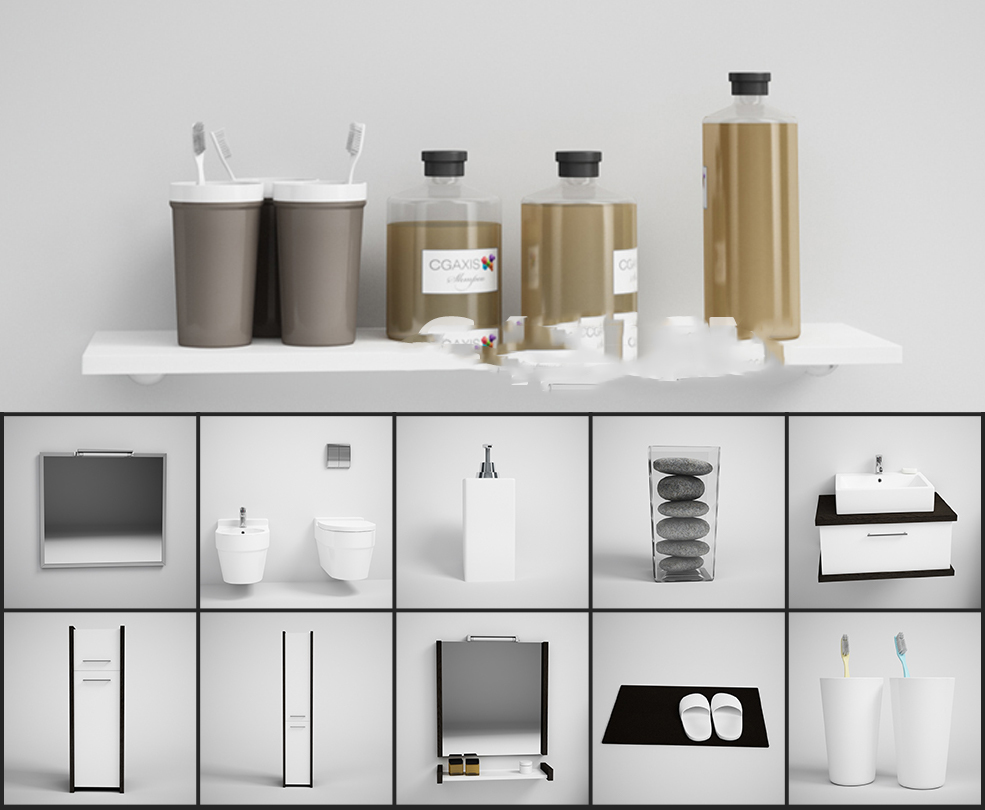 【卫生间用品】C4D 浴室，家具，毛巾，坐便，垃圾筐，拖鞋洗浴，，模型三维素材