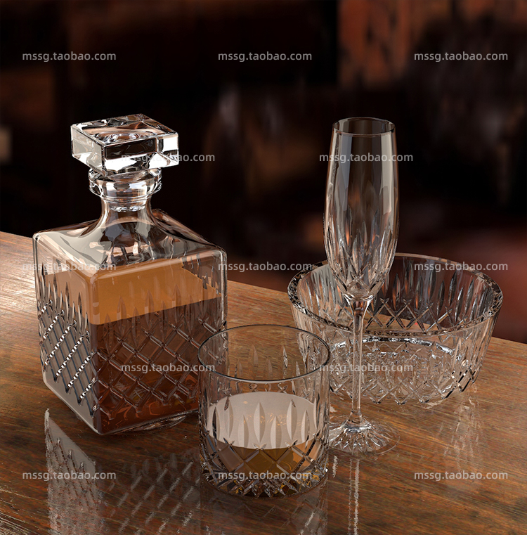 【玻璃器皿模型】创意欧式威士忌 玻璃器皿洋酒醒酒器杯子C4D模型3D场景素材