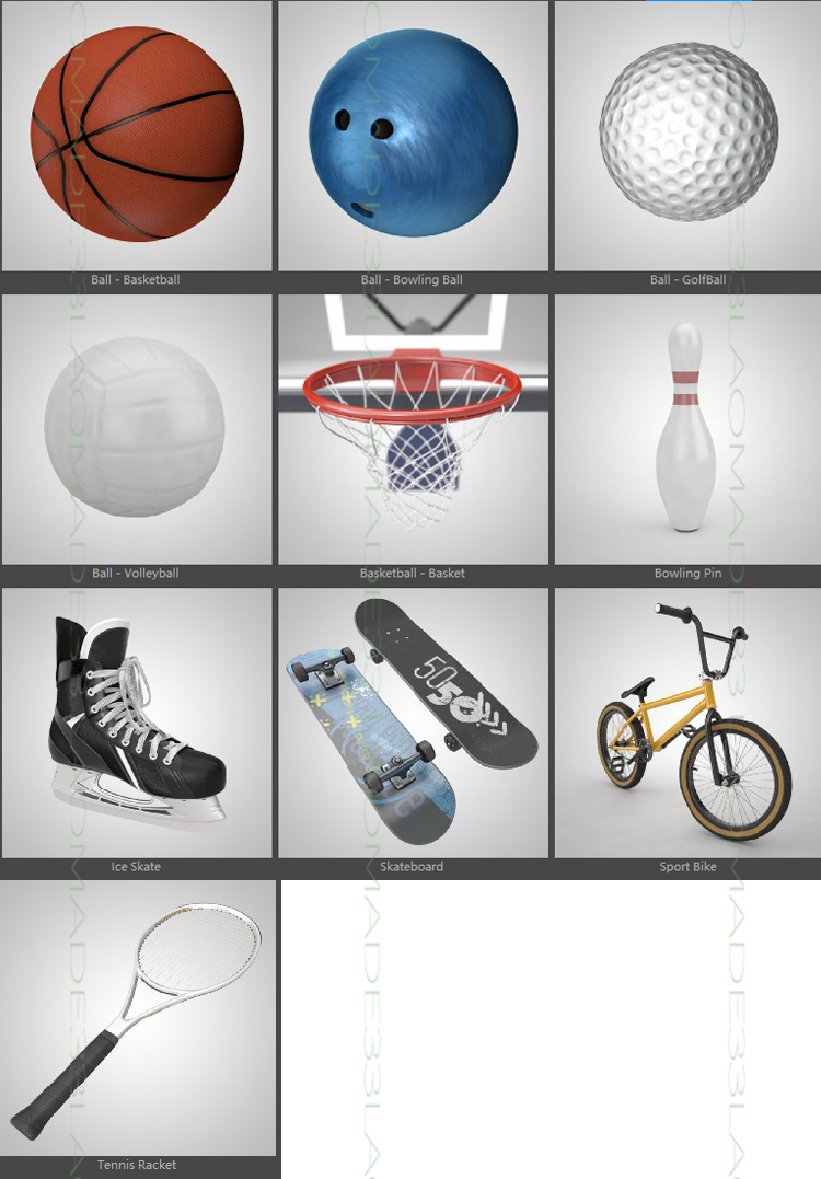 26组运动用品篮球足球乒乓球棒排球拳击套滑板C4D模型素材