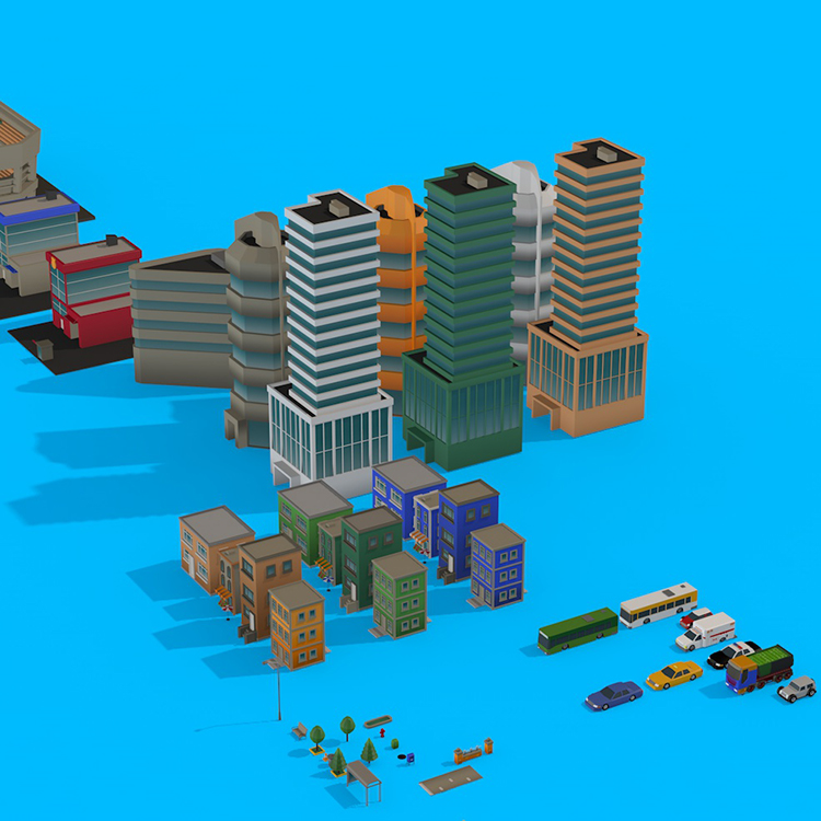 【C4D模型】低面多边形卡通城市建筑汽车楼房C4D模型3D场景素材