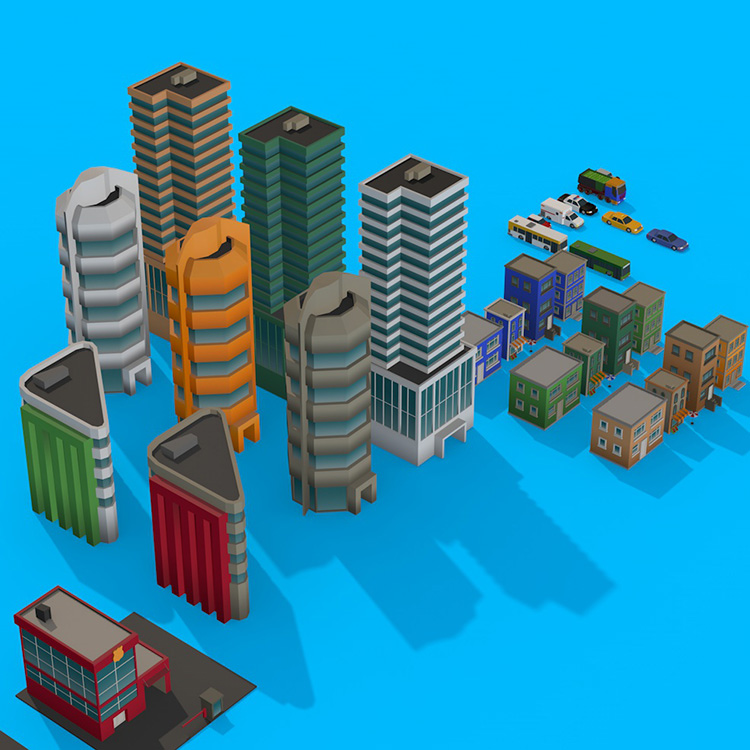【C4D模型】低面多边形卡通城市建筑汽车楼房C4D模型3D场景素材