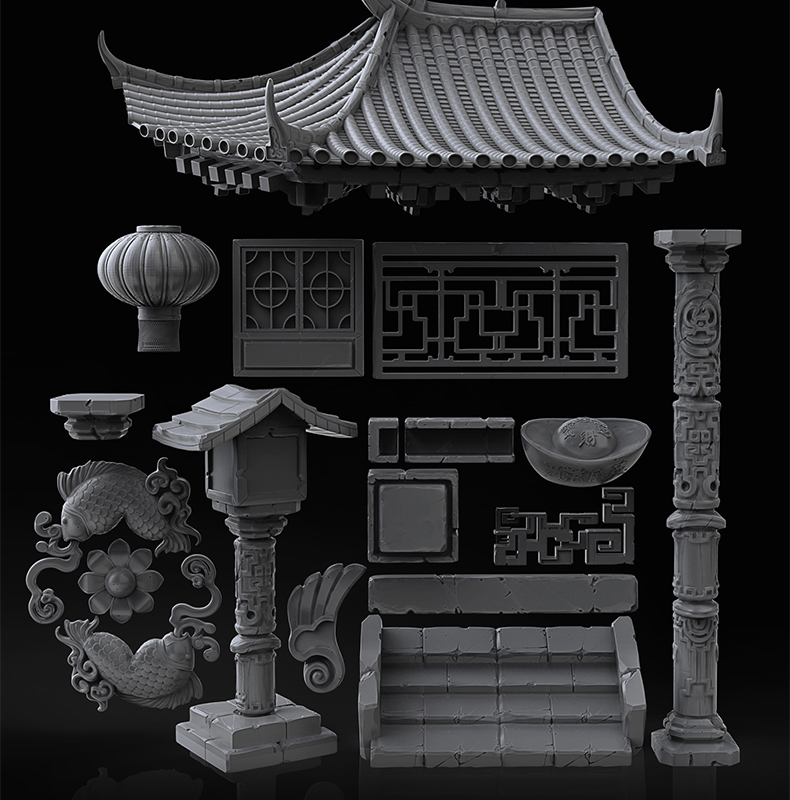 【古代建筑模型】中国古代建筑3D人物服饰龙狮蟾蜍游戏C4D场景模型OBJ格式