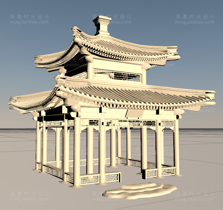 【C4D建筑模型】古风古建筑四角凉亭3D工程立体模型C4D素材