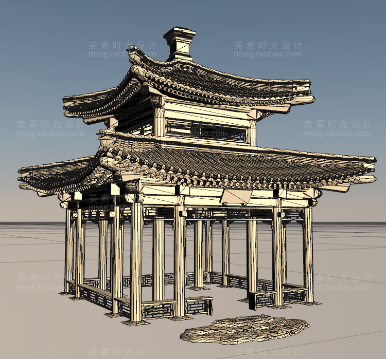 【C4D建筑模型】古风古建筑四角凉亭3D工程立体模型C4D素材