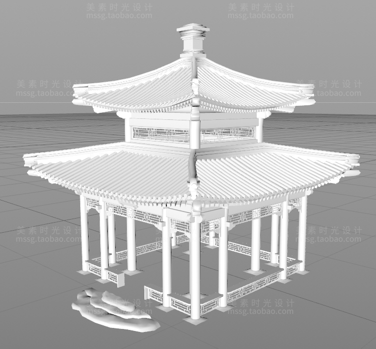 【C4D建筑模型】古风古建筑四角凉亭3D工程立体模型C4D素材