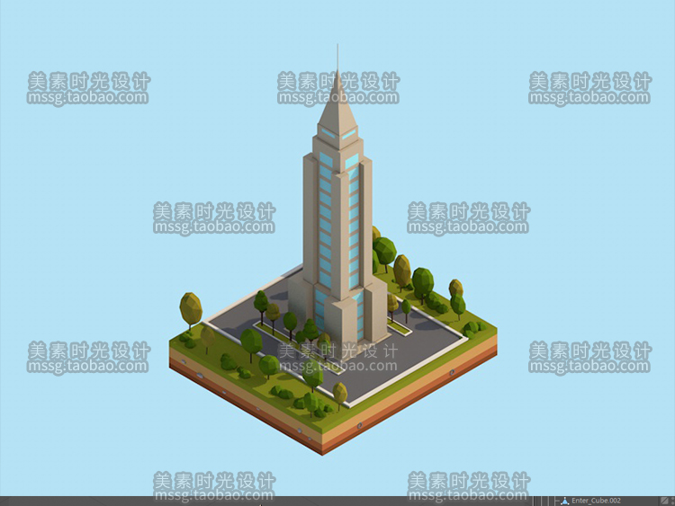 【卡通建筑】卡通低面尖顶中心楼建筑场景C4D模型素材