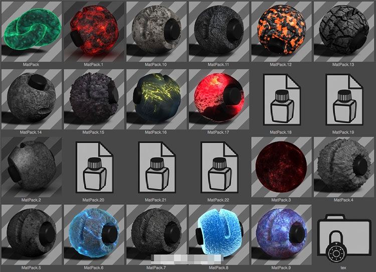 【C4D默认渲染器】渲染科幻魔幻怪兽熔岩浆水石头怪物纹理材质球预设
