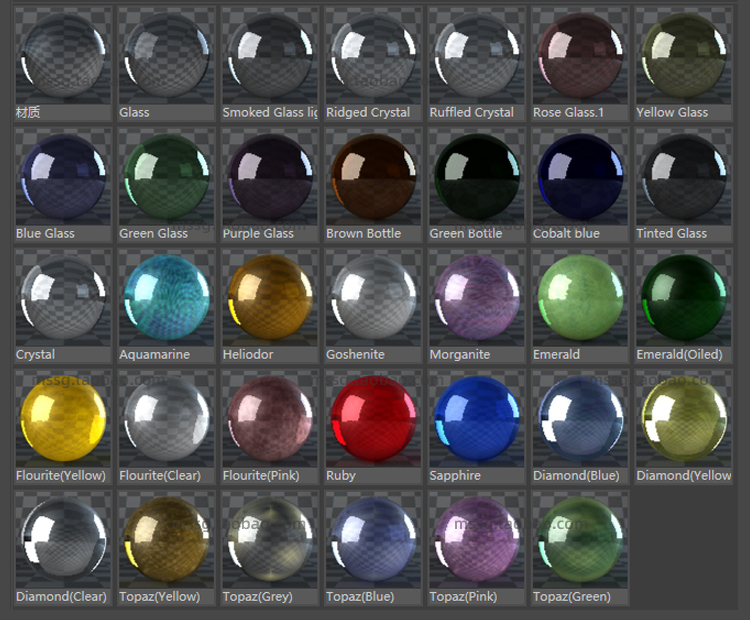 【C4D材质】34个C4D透明钻石宝石玻璃塑料材质球纹理贴图模型渲染素材