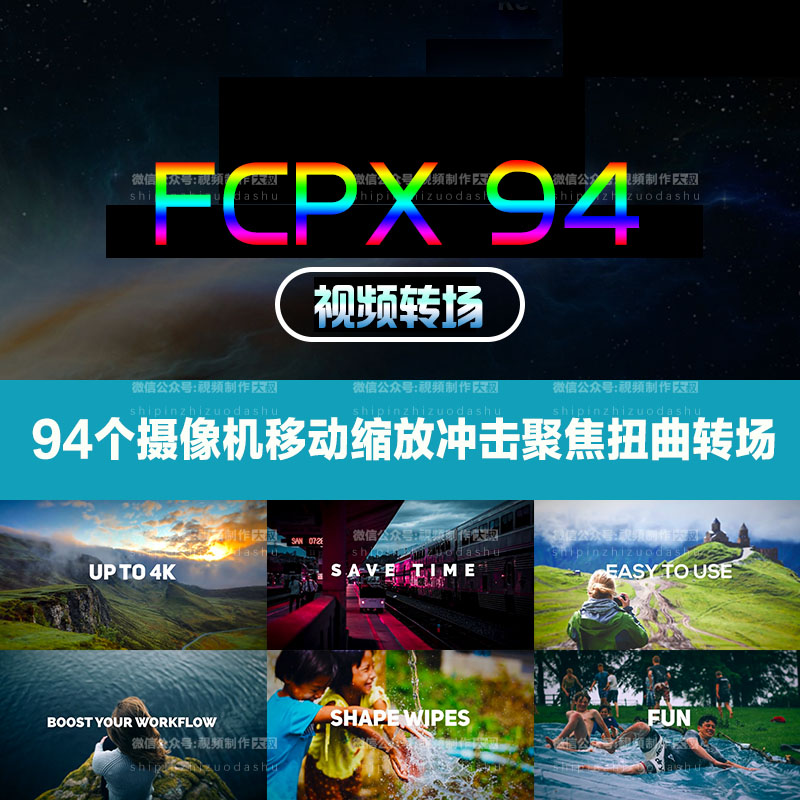 FCPX转场插件-94个摄像机移动缩放冲击聚焦扭曲视频转场