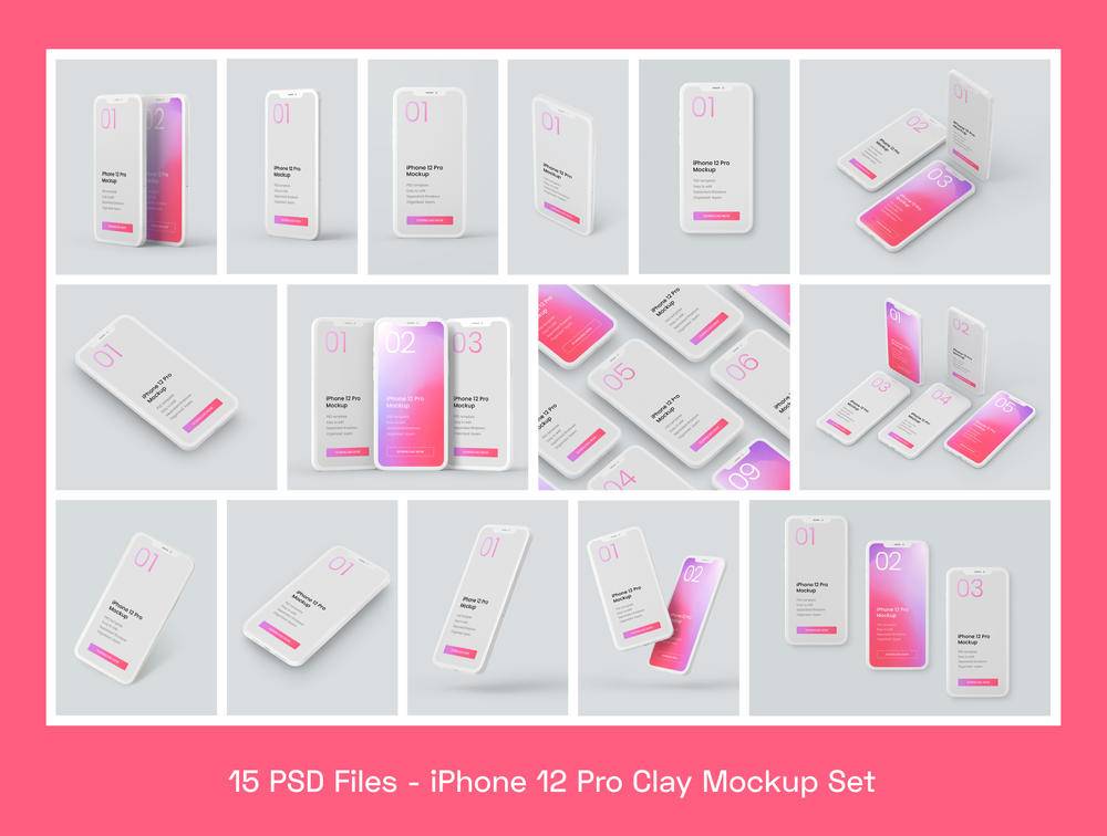 Premium PSD样机，iPhone 12 Pro Clay Mockup Set