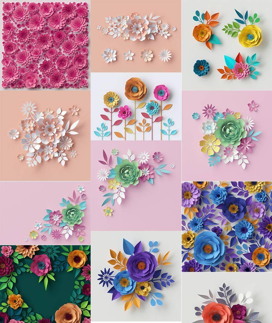 12款高档超清彩色剪纸鲜花花卉素材图片JPG大尺寸