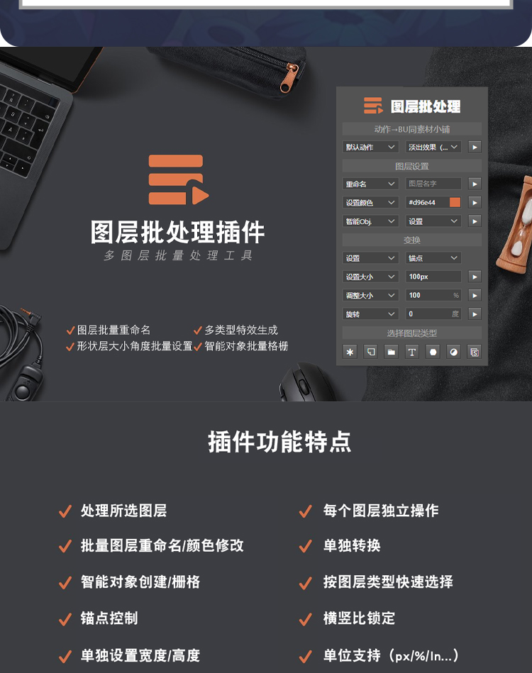 PS图层批处理插件支持批量重命名文字形状批量改大小颜色支持WIN+MAC2022