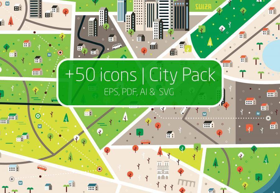 50+城市图标包扁平设计风格 ai，eps，svg等源文件 City Icons Bundle