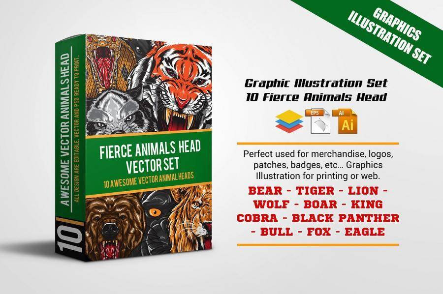 10款动物头矢量图案打包下载（包含牛头，虎头，熊头等AI,EPS源文件) Fierce Animals Head Set