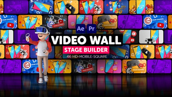 Premiere模板-多画面网格视频墙动态背景效果 Video Wall Stage Builder
