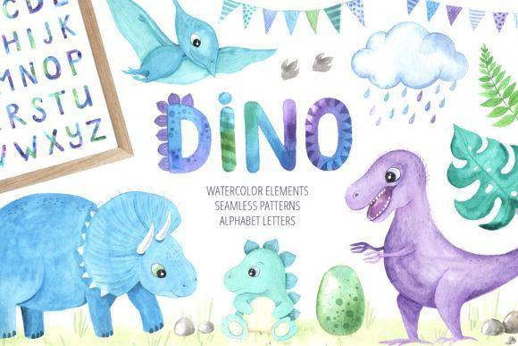 儿童手绘彩恐龙英文字母水彩母婴文创包装设计PNG素材免抠