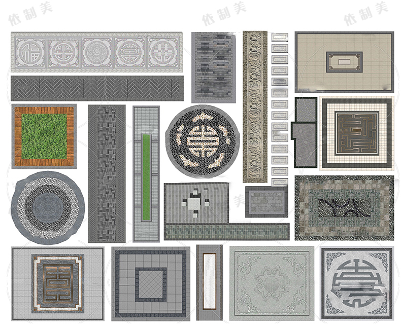 100组中式园林道路铺装SU模型铺装地雕刻拼花样式sketchup草图大师素材