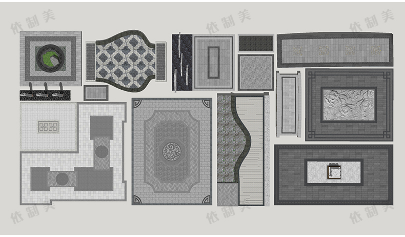 100组中式园林道路铺装SU模型铺装地雕刻拼花样式sketchup草图大师素材