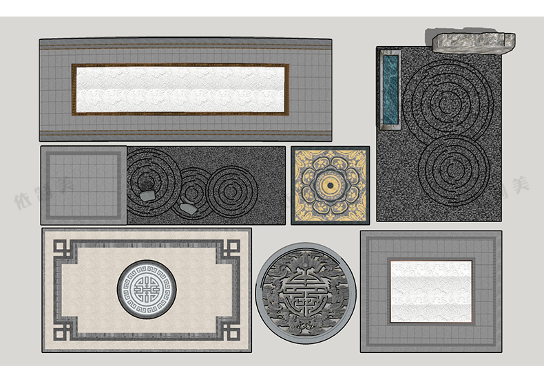100组中式园林道路铺装SU模型铺装地雕刻拼花样式sketchup草图大师素材