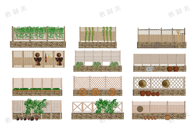 200款新中式栅栏栏杆竹木篱笆围墙SU模型别墅民宿院门围栏草图大师模型