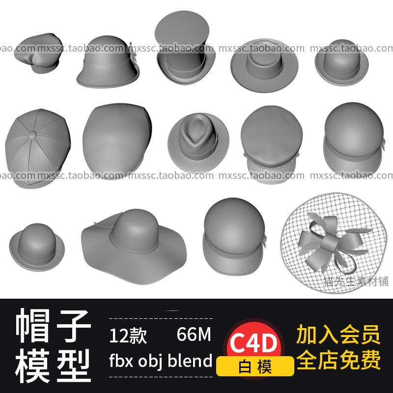 12款C4D帽子男女士礼帽太阳帽贝雷帽blender/ fbx /obj模型素材