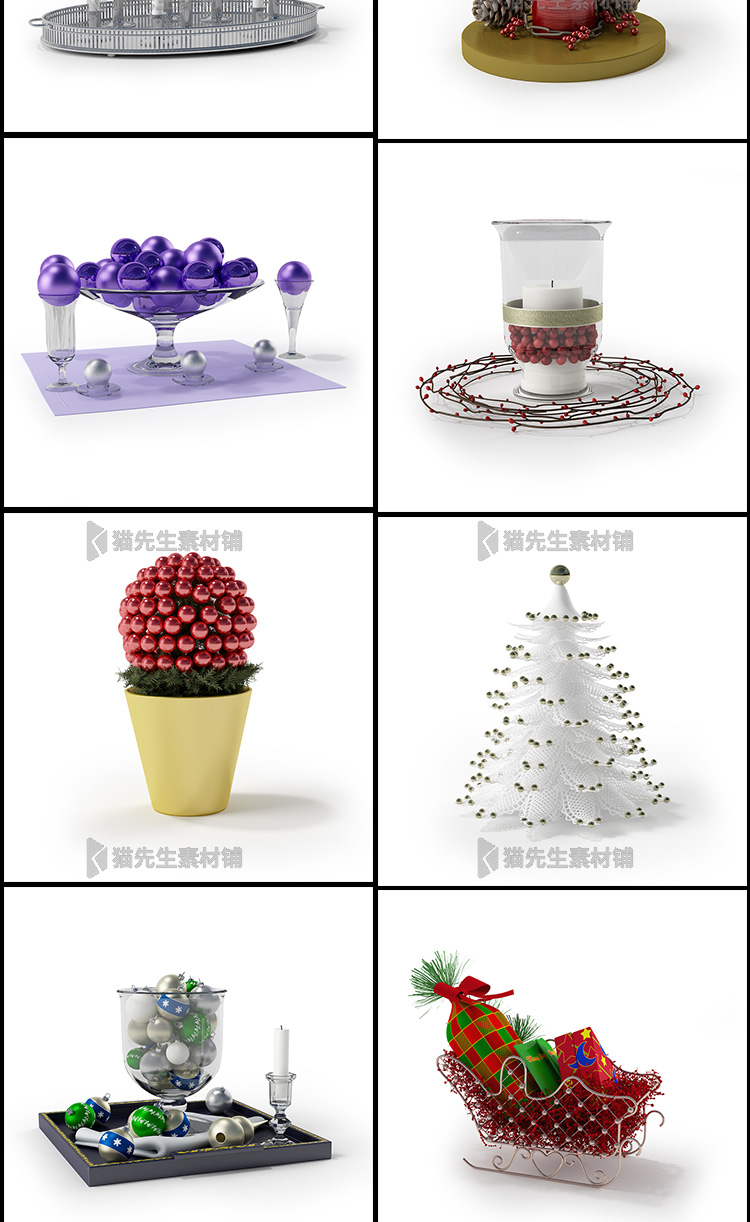 60个C4D obj fbx 圣诞元素模型标准渲染带贴图树礼盒袜子松子蜡烛铃铛