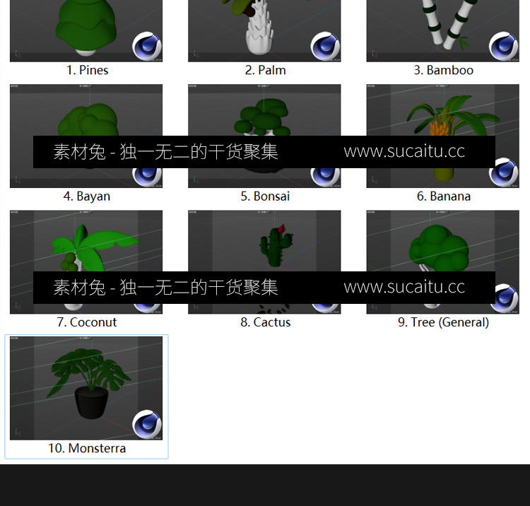 10款C4D卡通绿植盆栽树木blender香蕉树竹子椰树fbx/obj模型素材附png