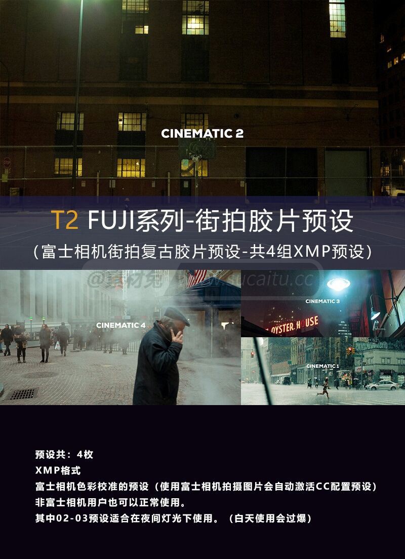 富士预设T2 Cinematic Lightroom Preset城市人文纪实扫街弱光电影滤镜LR胶片Camera Raw滤镜PS预设