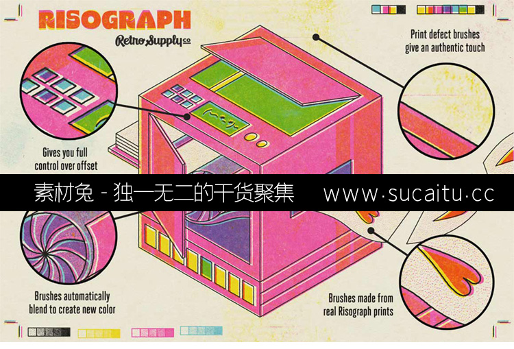 56款Risograph复古印刷肌理Procreate笔刷做旧噪点颗粒纹理ipad版画笔