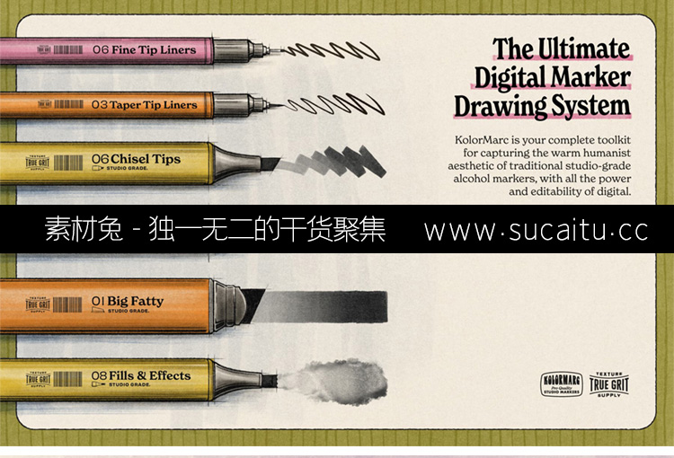 30款TRUE GRIT精品复古马克笔PS笔刷涂鸦水彩纹理笔触procreate绘画笔
