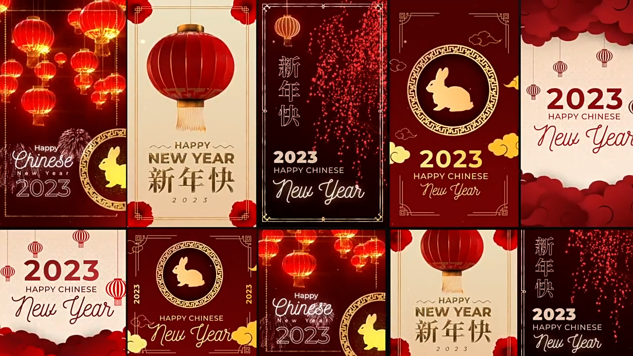 PR模板-6组竖屏方屏中国风新年快乐海报封面宣传展示动画