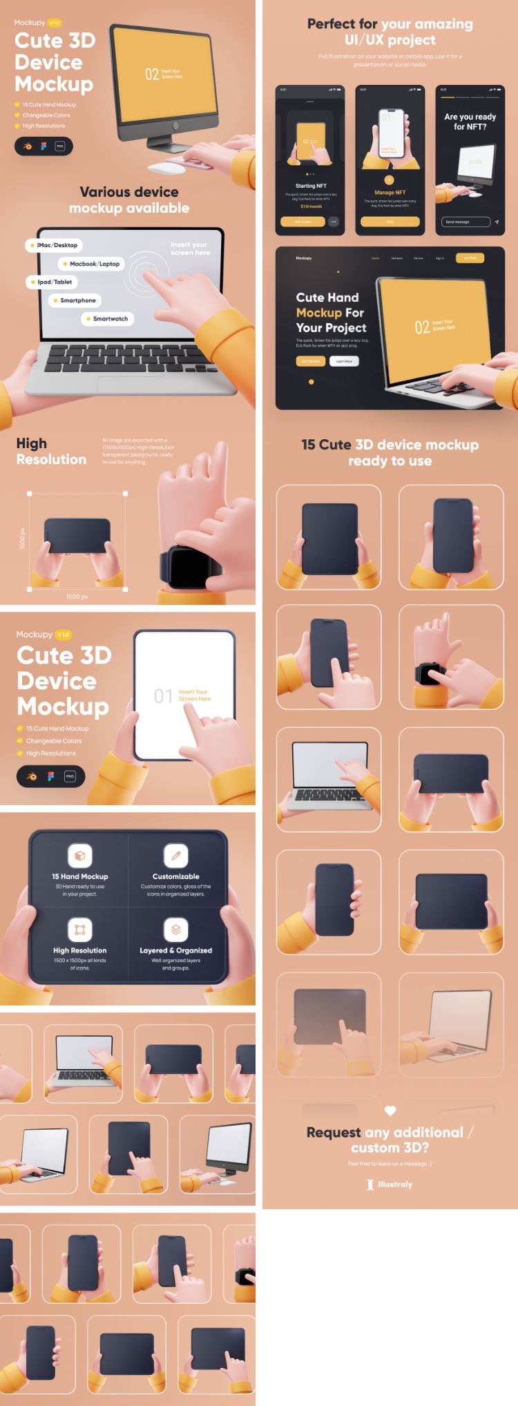 15款3D可爱卡通小手手持手机APP界面UI展示立体ICON图PNG免抠图片素材