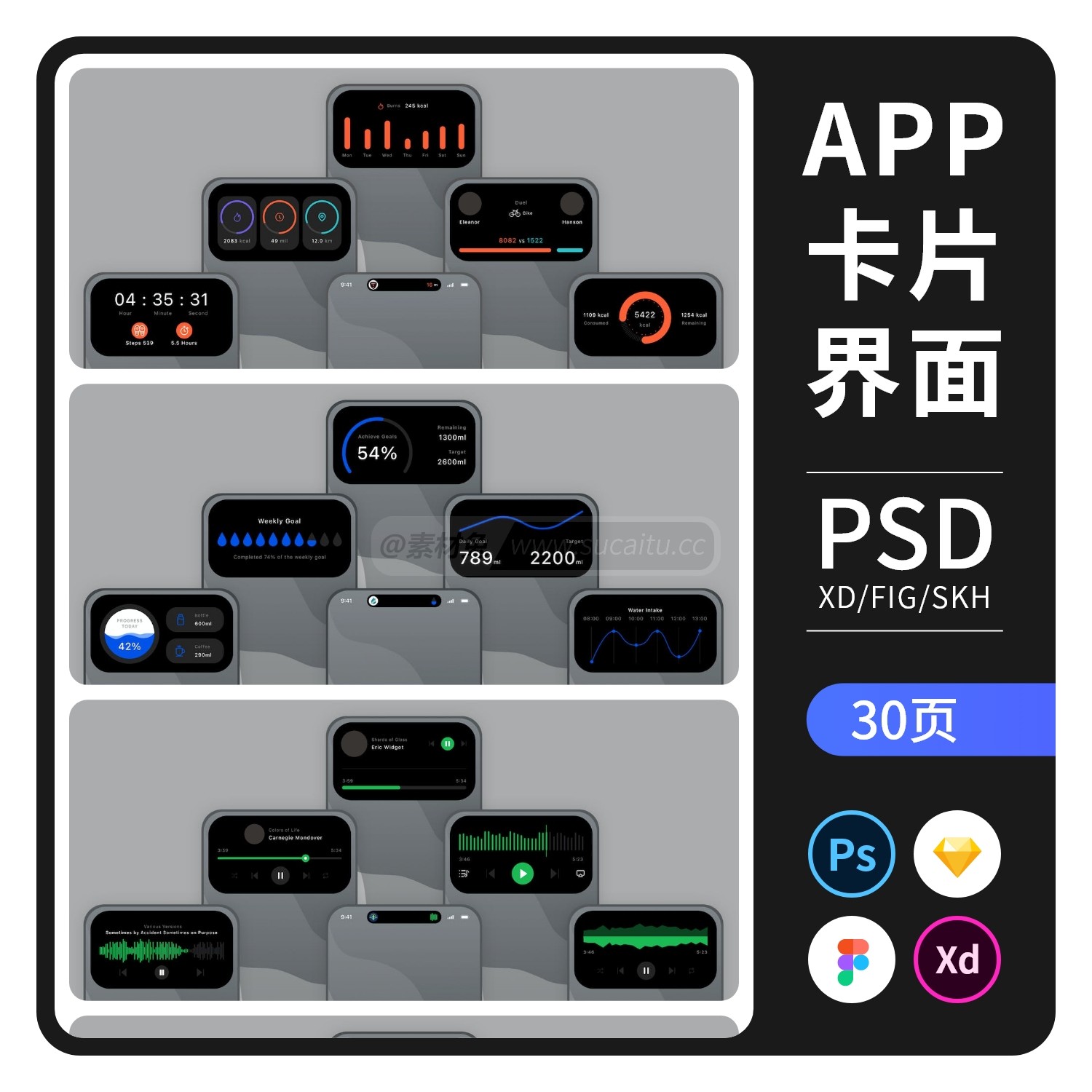 30页UI设计iPhone14灵动岛PSD模板手机app界面排版fig卡片SKETCH素材XD