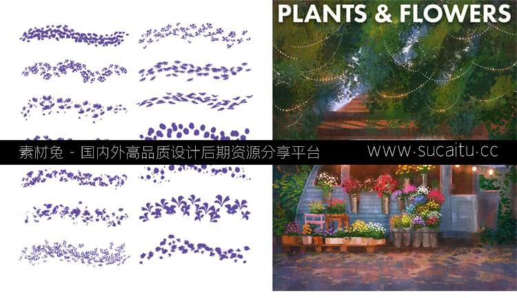 128款自然景观Ps笔刷锐利油画棒纹理Procreate画笔手绘花草从植物绘画
