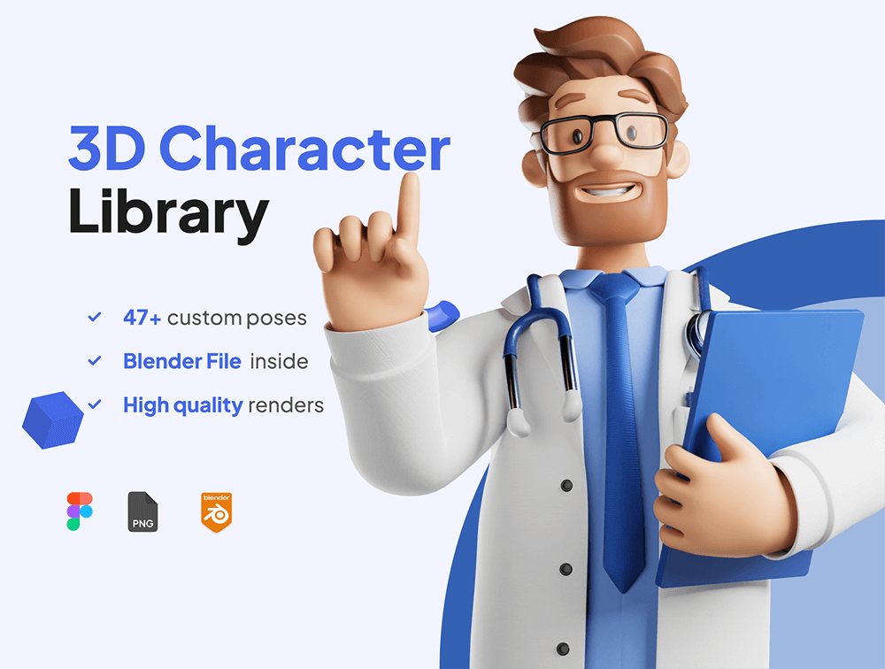 高质量Blender三维渲染男医生姿势库卡通人物形象3D插画素材 3D Character Doctor