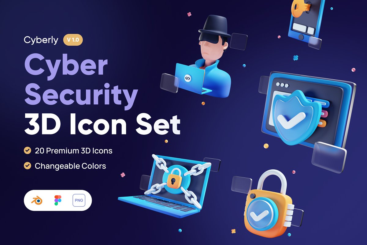 互联网信息安全保护计算机技术主题3D插画合辑 Cyberly – Cyber Security 3D Icon Set