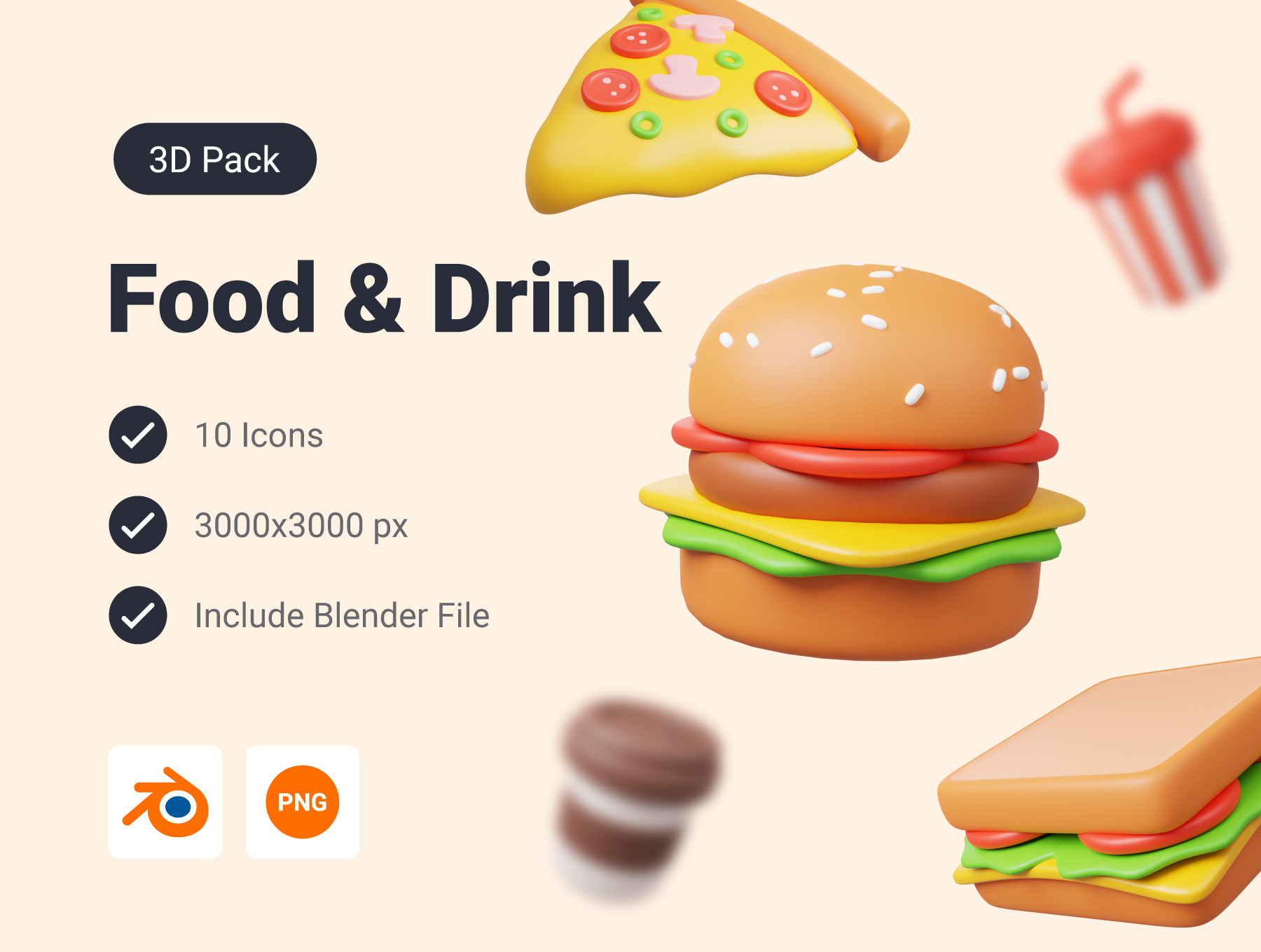 高质量Blender渲染食物饮料快餐店汉堡竖条3D插画素材 Food and Drink 3D Icon Pack