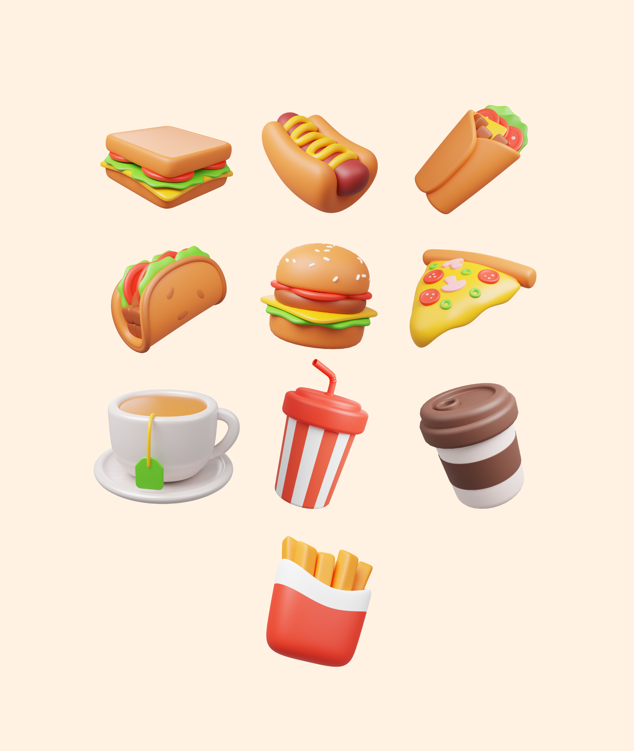 高质量Blender渲染食物饮料快餐店汉堡竖条3D插画素材 Food and Drink 3D Icon Pack