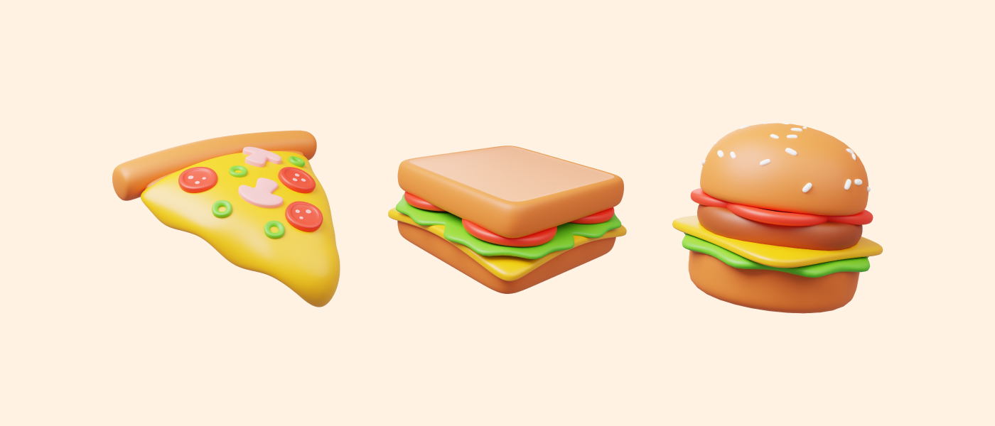 高质量Blender渲染食物饮料快餐店汉堡竖条3D插画素材 Food and Drink 3D Icon Pack